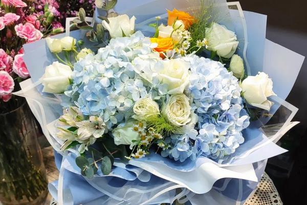 蓝绣球和白玫瑰搭配的花语，寓意宁静、清新、纯净等